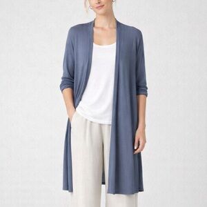 Eileen Fisher Long Open Cardigan Women’s Size Large Blue Lightweight Duster